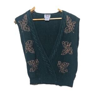 Vtg 90s Skyr Green Embroidered Floral Granny V-Neck Sweater Vest Womans Sz Small